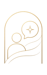Goldenes Linien-Icon einer stilisierten Person mit einer leuchtenden Sprechblase als Symbol für die individuelle und persönliche Erstberatung bei Liposana Royal