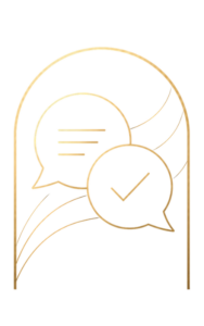 Goldenes Linien-Icon zweier Sprechblasen mit Häkchen-Symbol als Darstellung der transparenten und realistischen Kommunikation bei Liposana Royal